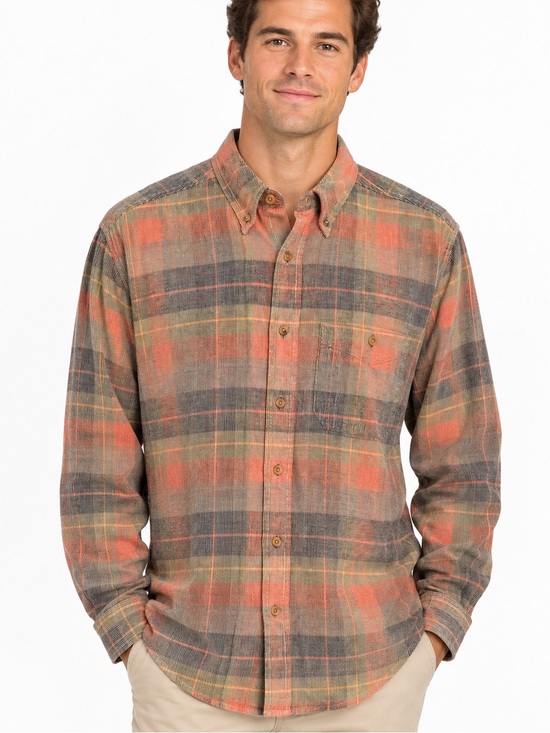 Orvis Other - ORVIS Corduroy Button-Down Plaid Shirt in Orange Grey Green Men’s Medium
